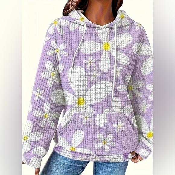 Floral Print Textured Drawstring Hoodie - Picture 10 of 11